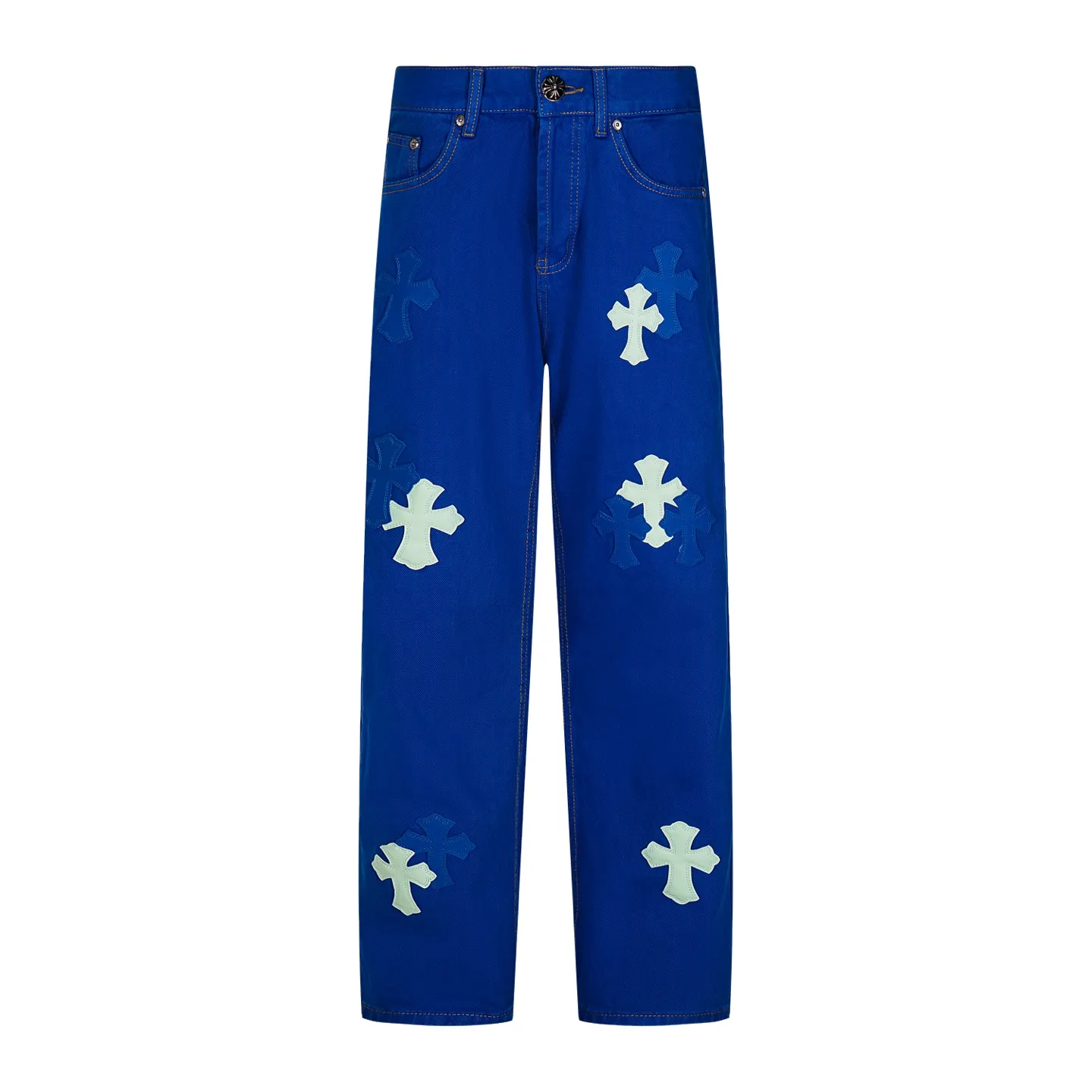 P270 Chrome hearts｜ch Chrome Hearts London-limited dopamine blue leather jeans - charming dopamine personality jeans, indispensable for fashionistas, the same model for celebrities, and a model touted by many bloggers. This new pair of pants is perfect in terms of shape and upper body. It is no exaggeration to say that making a pair of jeans is equivalent to the time of making 20 short-sleeved jeans. The fabric is made of high-quality imported denim. It has a unique high-end texture. I am very satisfied with it after washing and proofing several times. Style number: 1751# Color: Dopamine blue Size: 28 30 32 34